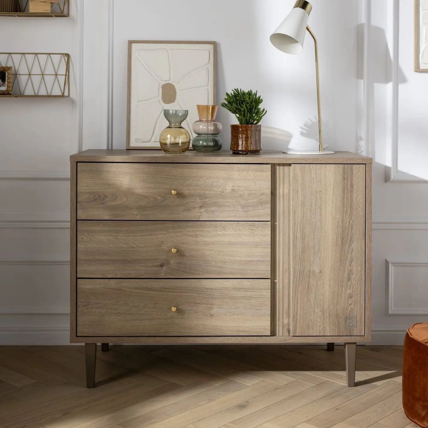 Sauthon Commode 3 tiroirs 1 porte Mokka Chêne/Chêne Strié/Chêne Foncé