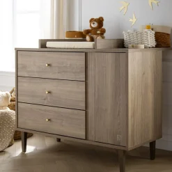 Sauthon Commode 3 tiroirs 1 porte Mokka Chêne/Chêne Strié/Chêne Foncé