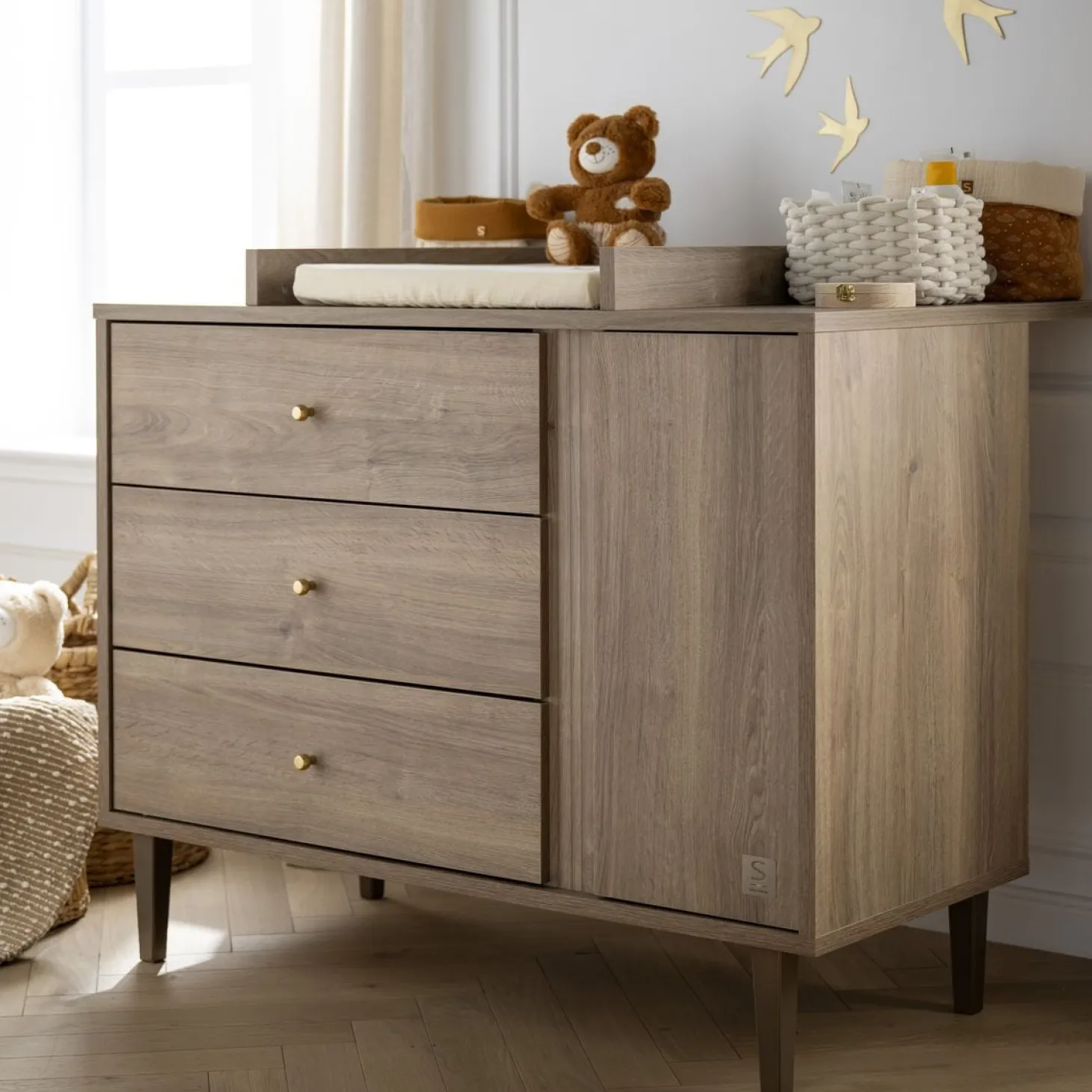 Sauthon Commode 3 tiroirs 1 porte Mokka Chêne/Chêne Strié/Chêne Foncé