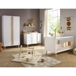 Sauthon                    Commode 3 tiroirs 1 porte Paloma    Blanc Neige/Chêne Strié Sépia/Hêtre Vernis