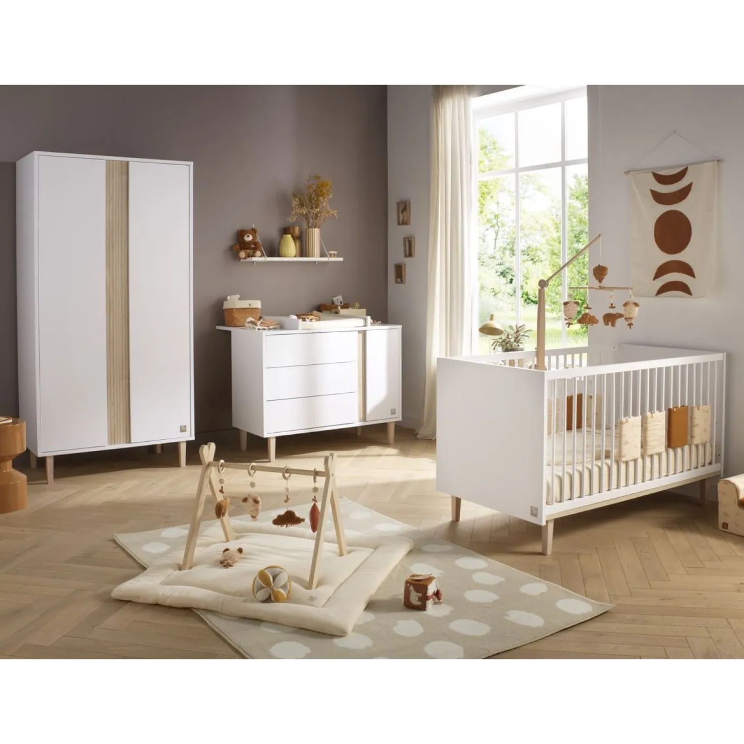 Sauthon Commode 3 tiroirs 1 porte Paloma Blanc Neige/Chêne Strié Sépia/Hêtre Vernis