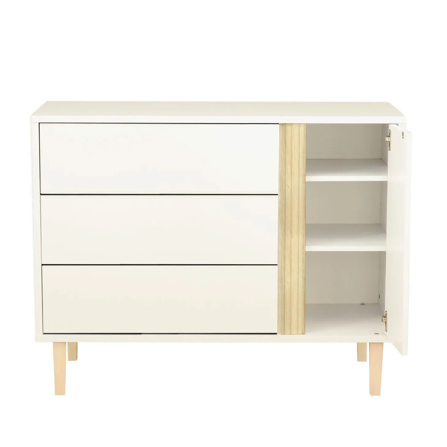 Sauthon Commode 3 tiroirs 1 porte Paloma Blanc Neige/Chêne Strié Sépia/Hêtre Vernis