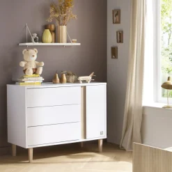 Sauthon Commode 3 tiroirs 1 porte Paloma Blanc Neige/Chêne Strié Sépia/Hêtre Vernis