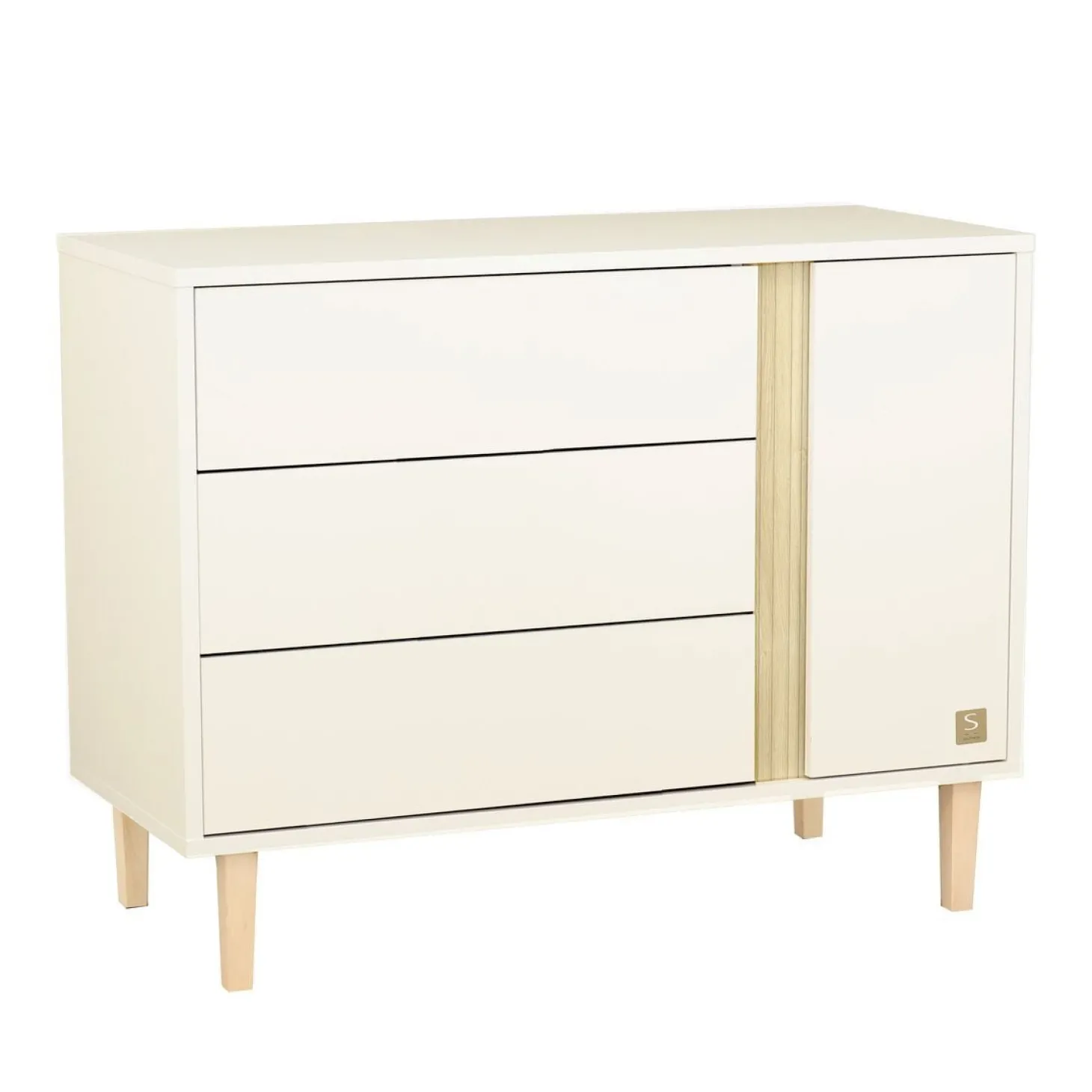 Sauthon Commode 3 tiroirs 1 porte Paloma Blanc Neige/Chêne Strié Sépia/Hêtre Vernis