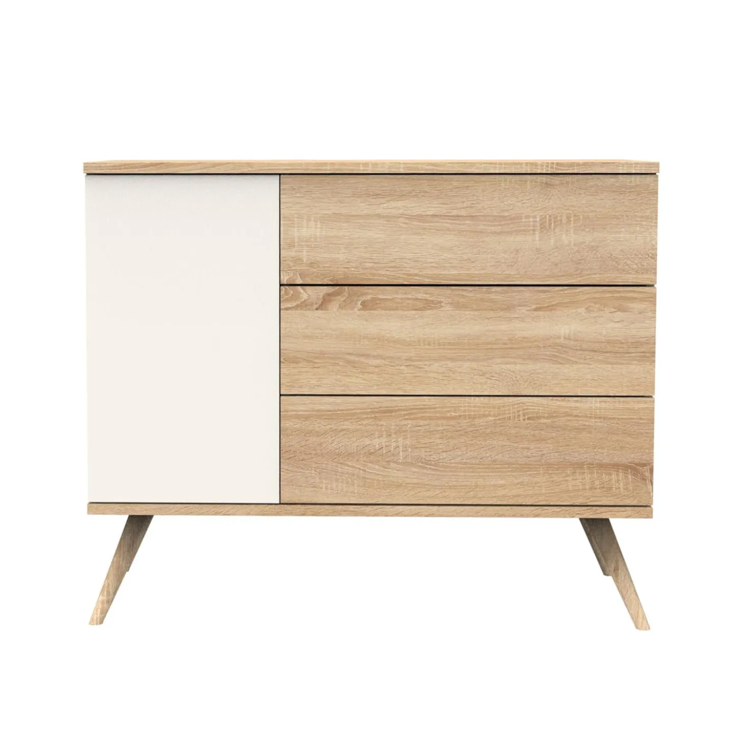 Sauthon Commode 3 tiroirs 1 porte Seventies Chêne Doré - Vanille - Hêtre Vernis Naturel