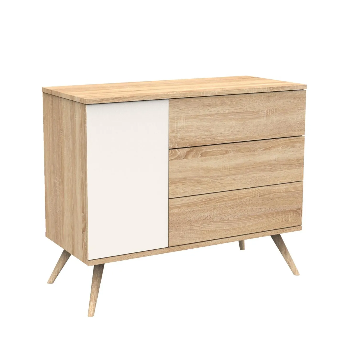 Sauthon Commode 3 tiroirs 1 porte Seventies Chêne Doré - Vanille - Hêtre Vernis Naturel