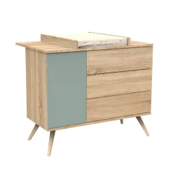 Sauthon Commode 3 tiroirs 1 porte Seventies Chêne Doré - Sauge - Hêtre Vernis Naturel