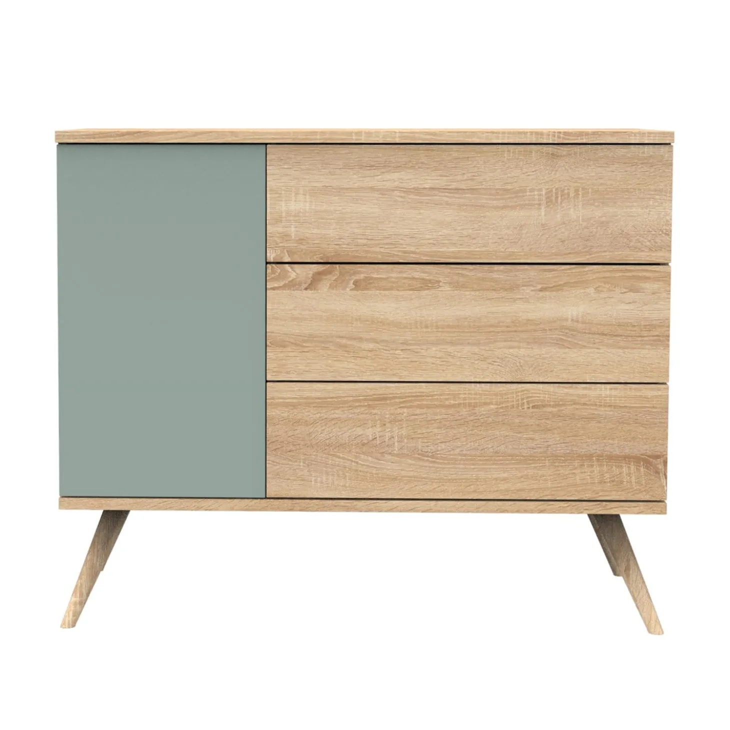 Sauthon Commode 3 tiroirs 1 porte Seventies Chêne Doré - Sauge - Hêtre Vernis Naturel