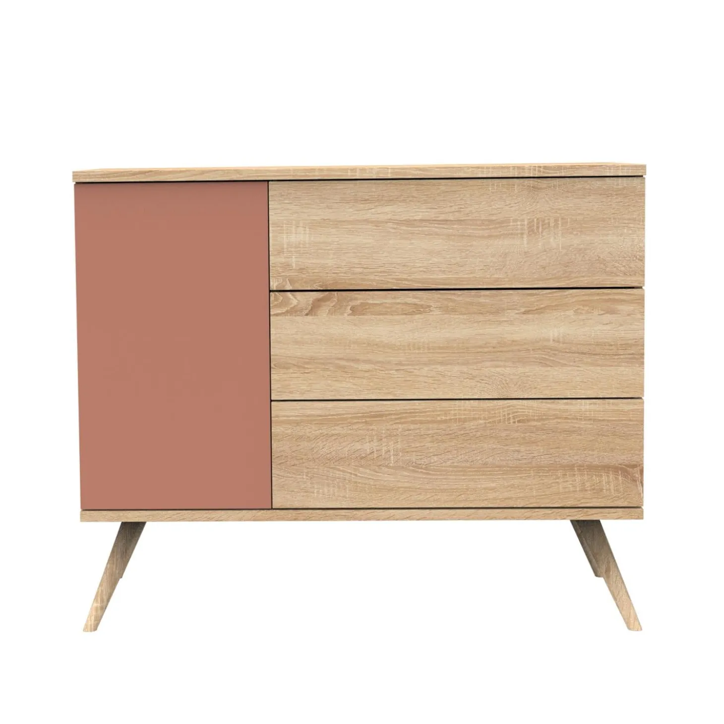 Sauthon Commode 3 tiroirs 1 porte Seventies Chêne Doré - Terracotta - Hêtre Vernis Naturel