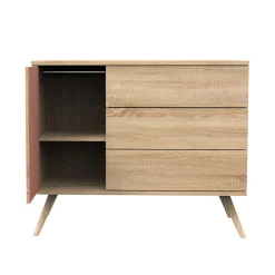 Sauthon Commode 3 tiroirs 1 porte Seventies Chêne Doré - Terracotta - Hêtre Vernis Naturel