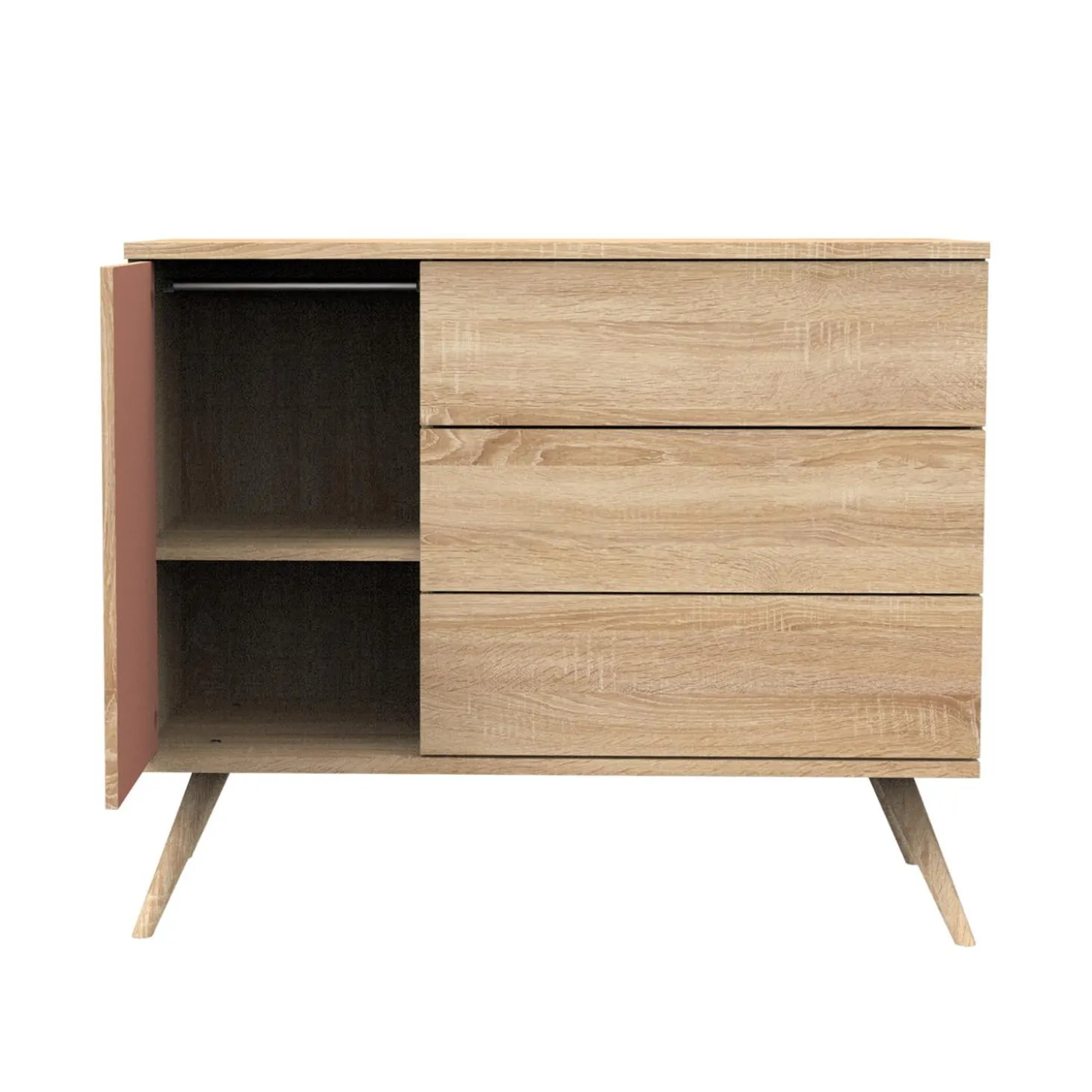 Sauthon Commode 3 tiroirs 1 porte Seventies Chêne Doré - Terracotta - Hêtre Vernis Naturel