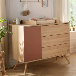 Sauthon Commode 3 tiroirs 1 porte Seventies Chêne Doré - Terracotta - Hêtre Vernis Naturel