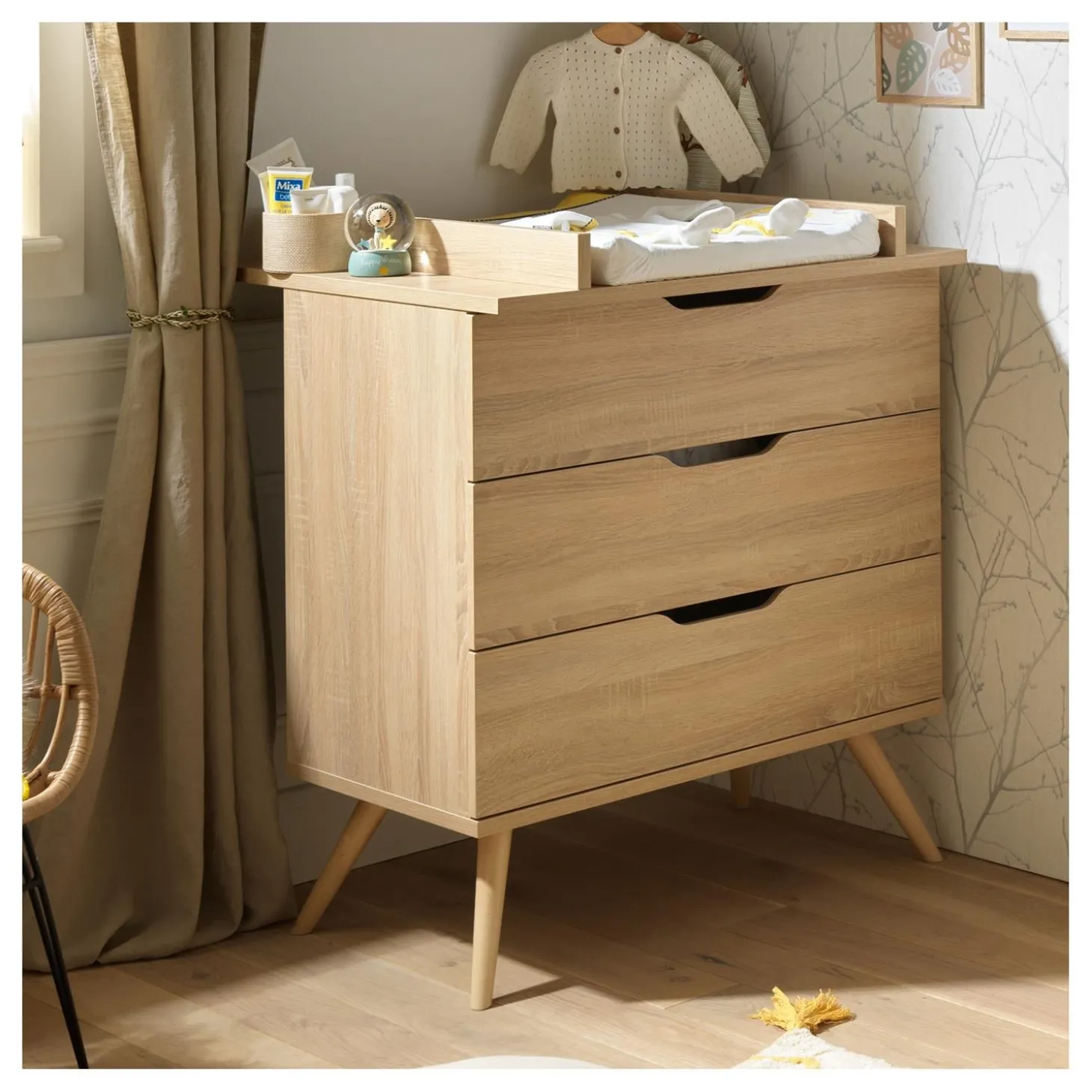 Sauthon Commode 3 Tiroirs Sixties Bois Chêne doré / Hêtre vernis naturel