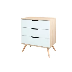 Sauthon                    Commode 3 Tiroirs Sixties Bois    Chêne doré / Blanc / Hêtre vernis naturel