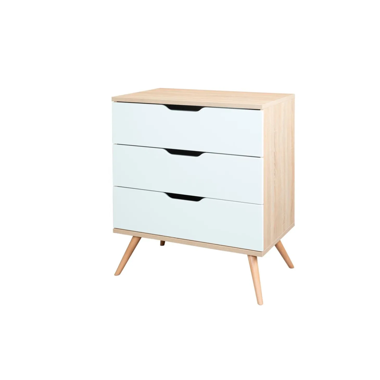 Sauthon Commode 3 Tiroirs Sixties Bois Chêne doré / Blanc / Hêtre vernis naturel