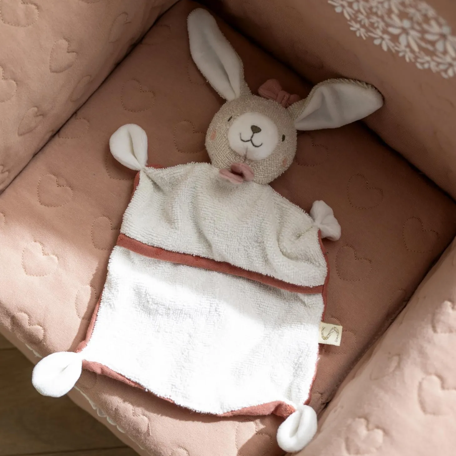 Sauthon Doudou Mouchoir Petit Coeur Beige Chiné/Rose Poudré