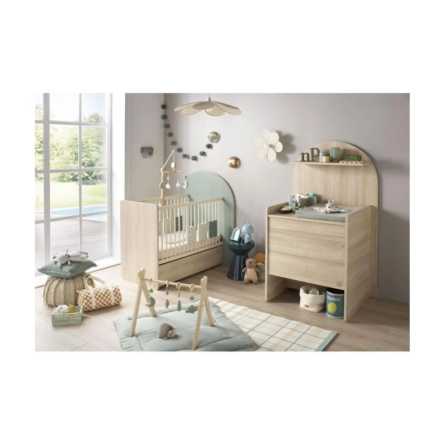 Sauthon Lit bébé Transformable Arche Chêne Sépia/Sauge Arche/Crème 60x120 cm / 90x190 cm