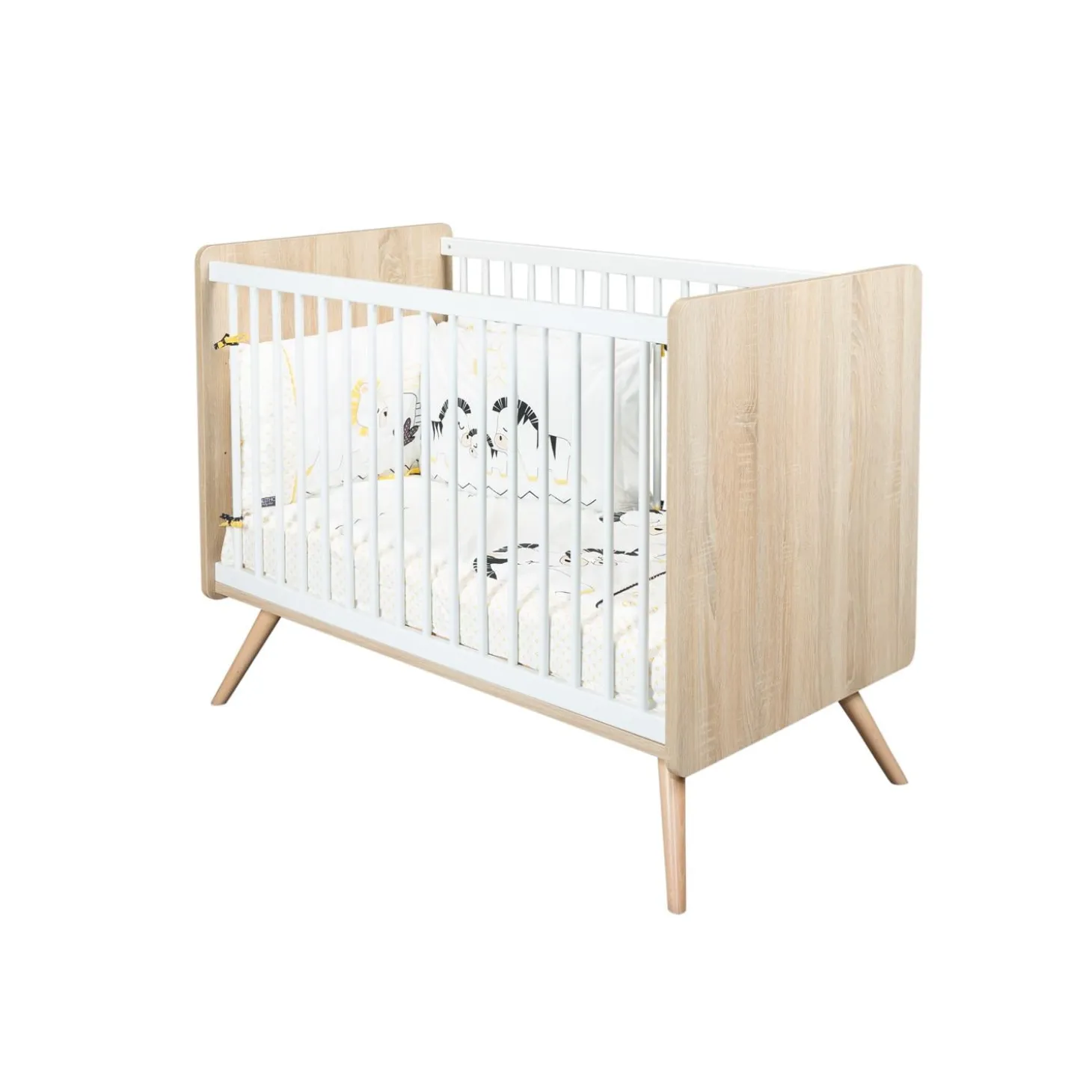 Sauthon Lit Bebe Sixties Blanc Bois Chêne doré / Blanc 60x120 cm