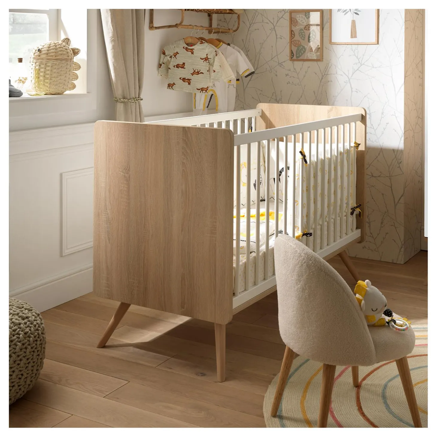 Sauthon Lit Bebe Sixties Blanc Bois Chêne doré / Blanc 60x120 cm