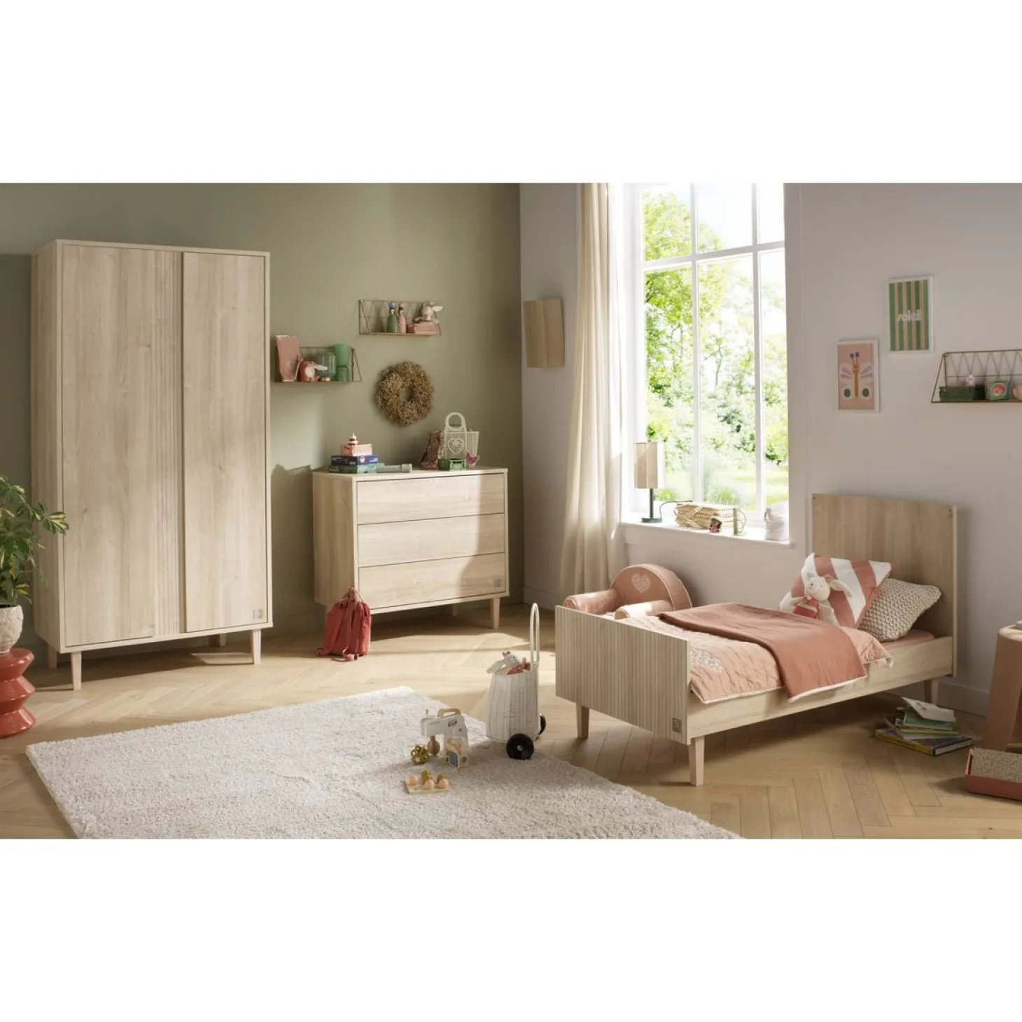 Sauthon Lit little big bed Paloma bois Chêne Sépia/Beige Ficelle/Chêne Strié Sépia/Hêtre Vernis 70x140 cm