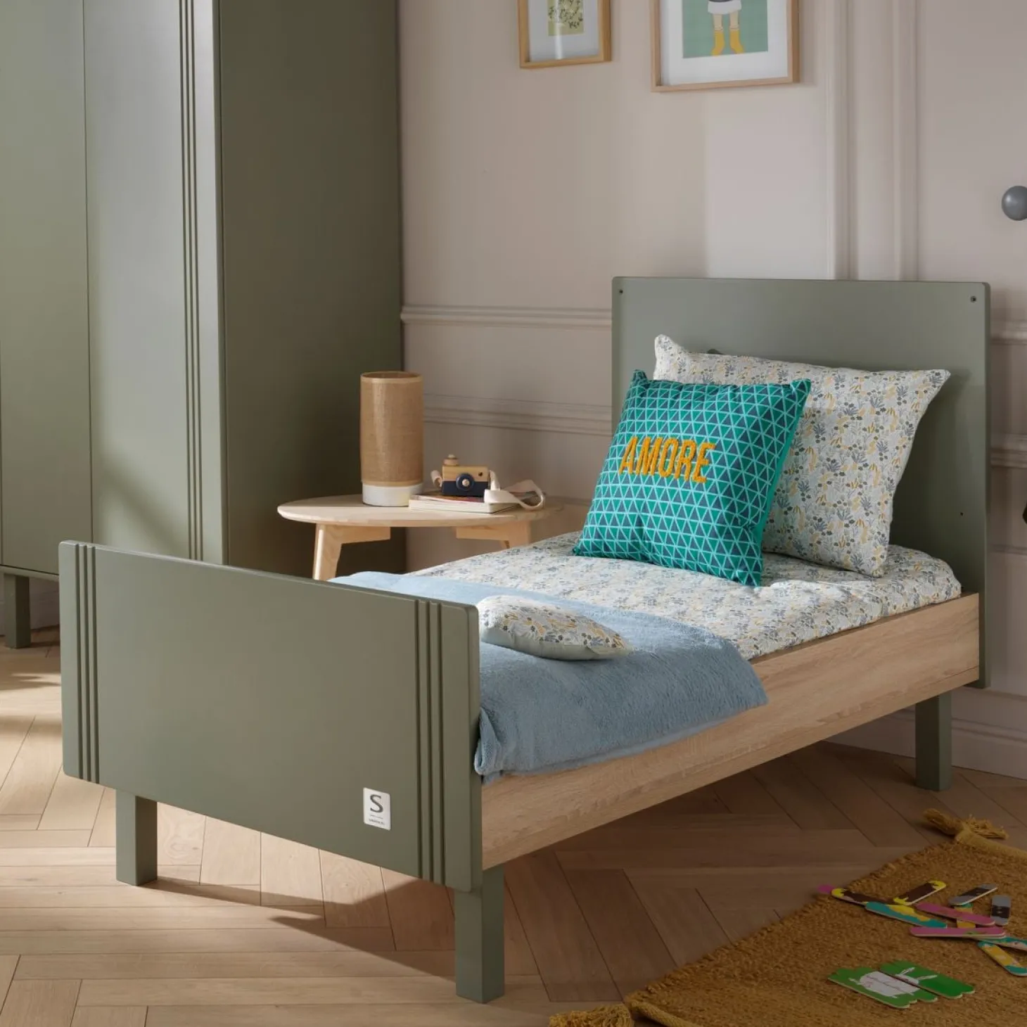 Sauthon Little big bed Eléonore Kaki - Chêne Doré 70x140 cm