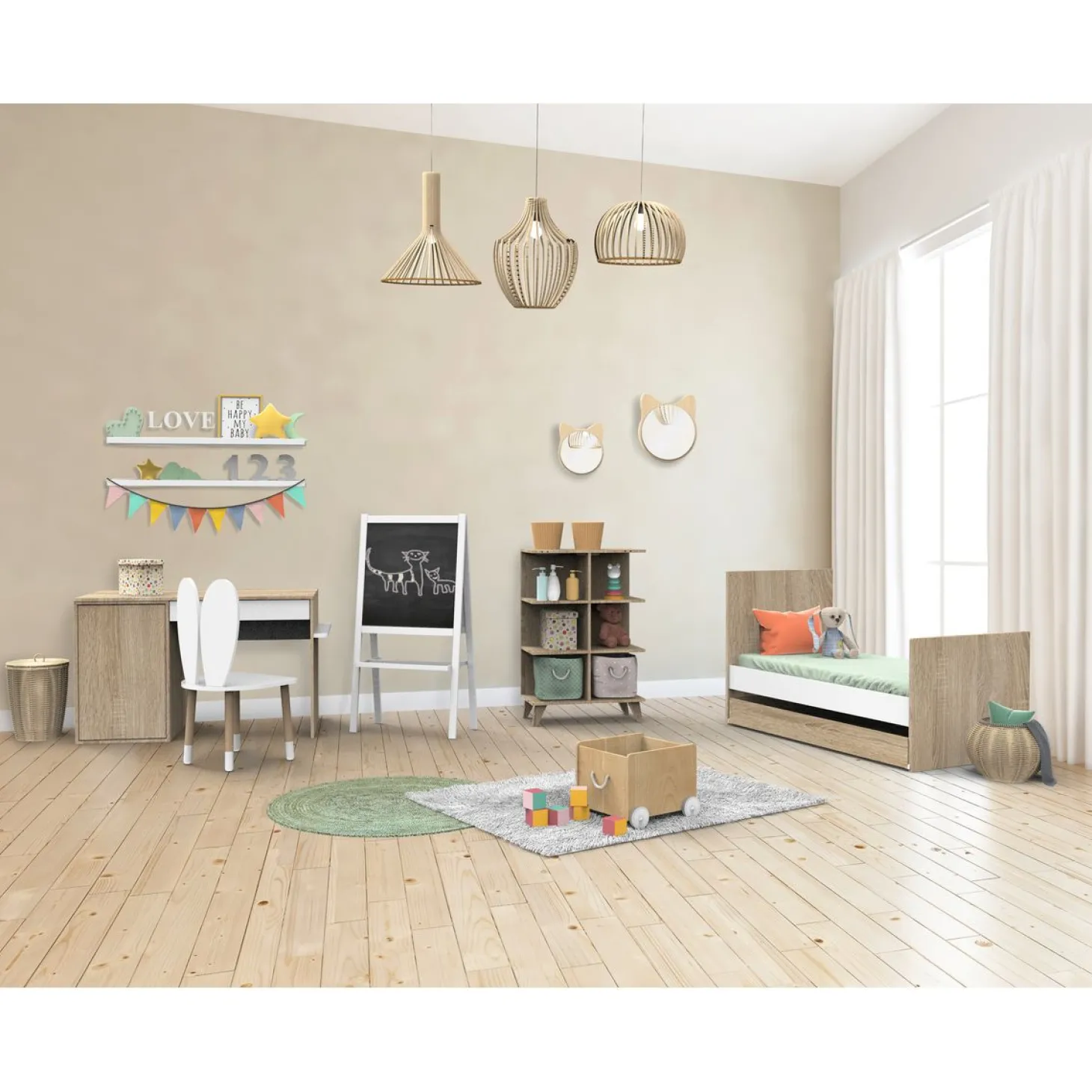 Sauthon LITTLE BIG BED 140 x 70 ROSE Chêne Doré - Blanc Lin 70x140 cm