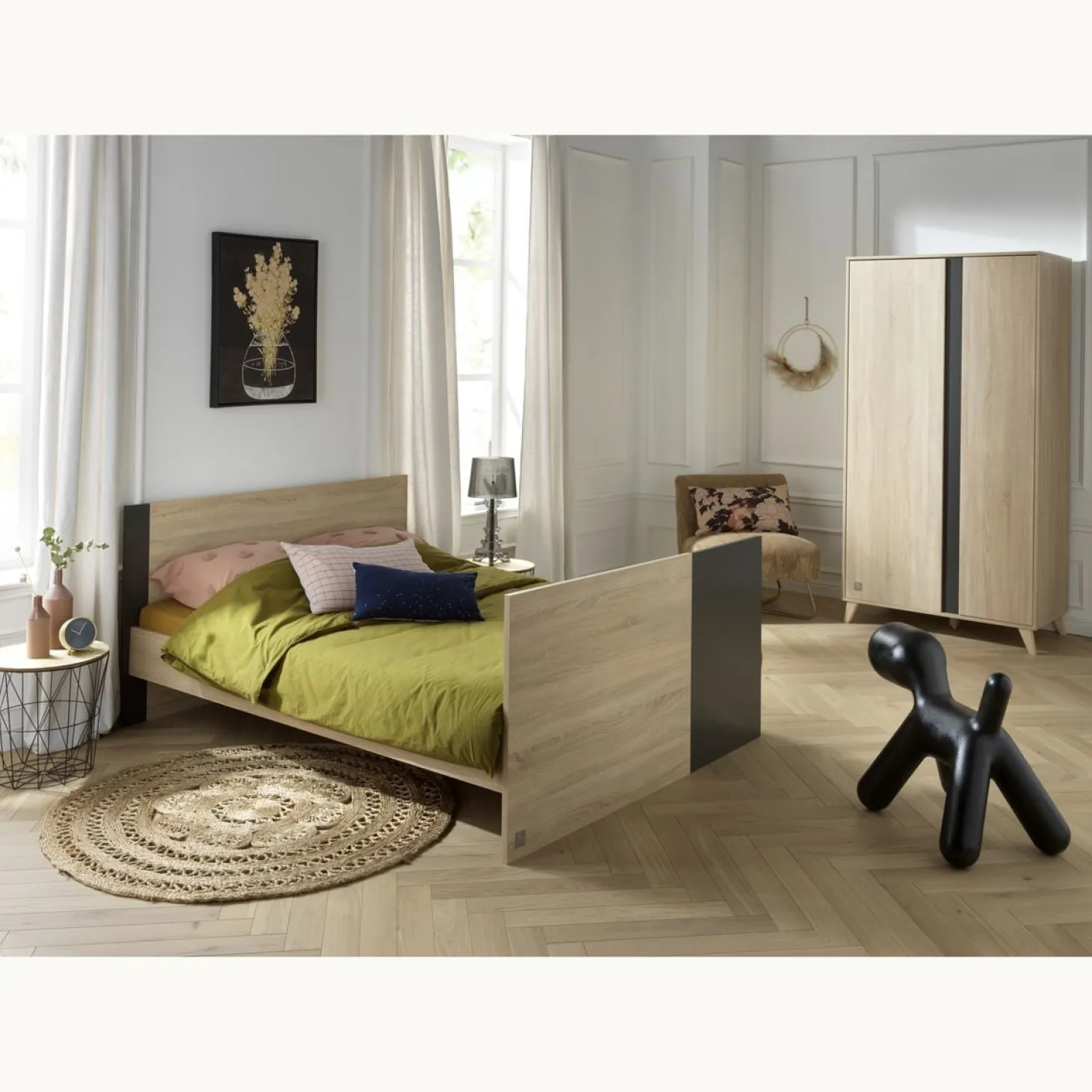 Sauthon Lit 140x70 évolutif en 90x200 et 140x200 Nova Chêne Doré - Gris Volcan 70x140 cm