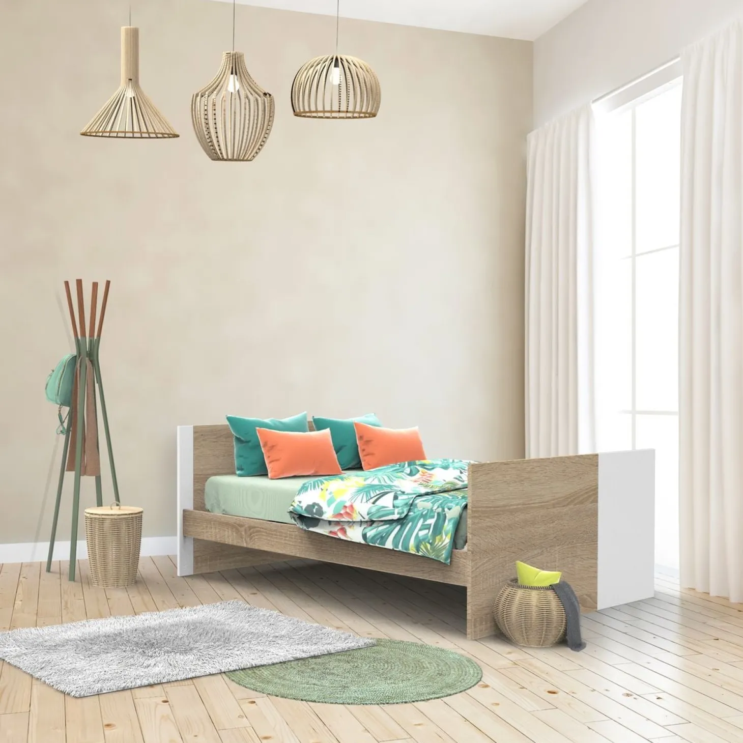 Sauthon Lit 140x70 évolutif en 90x190 et 140x190 Nova Chêne Doré - Blanc Lin 70x140 cm