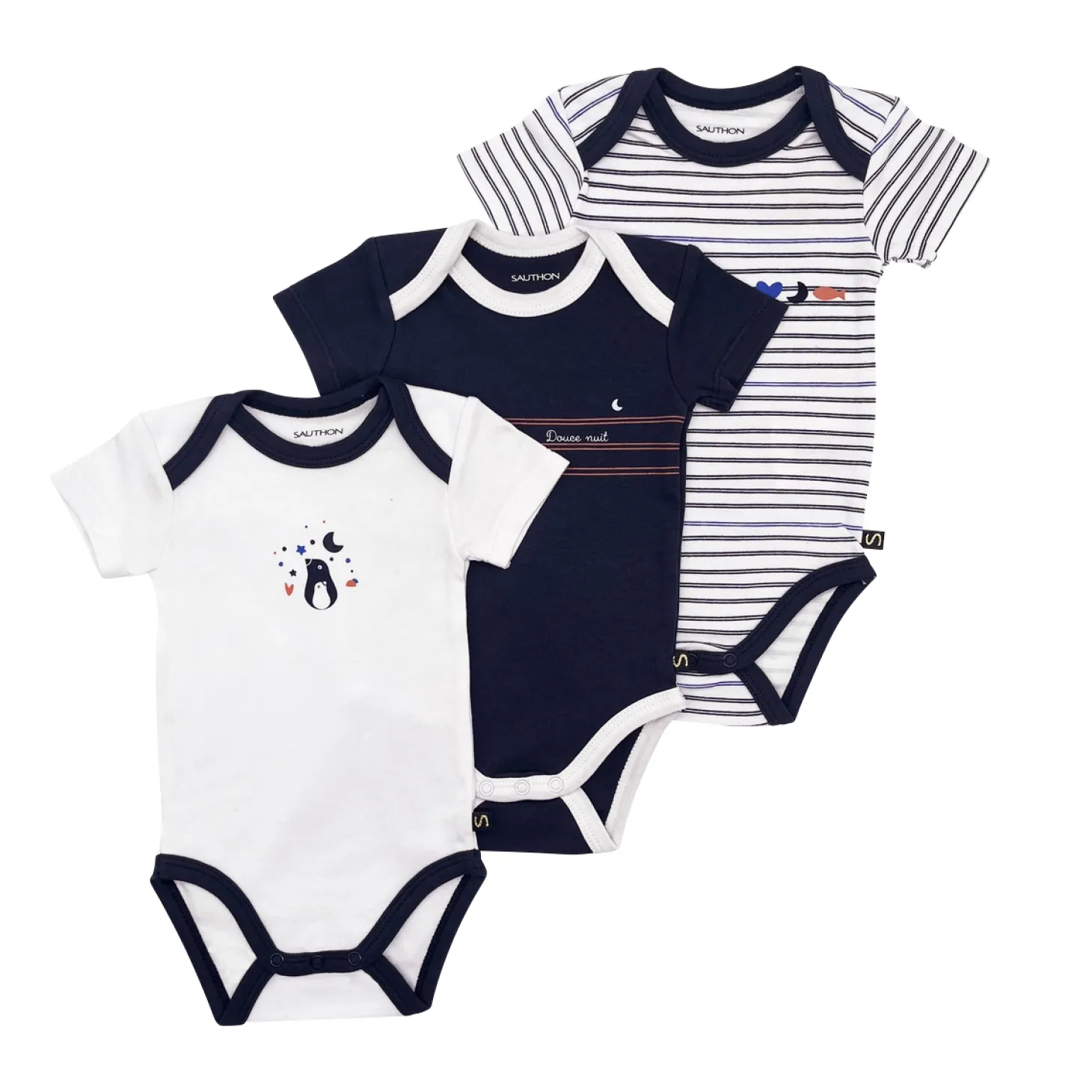 Sauthon Lot 3 bodies manches courtes Baby Sailor Bleu