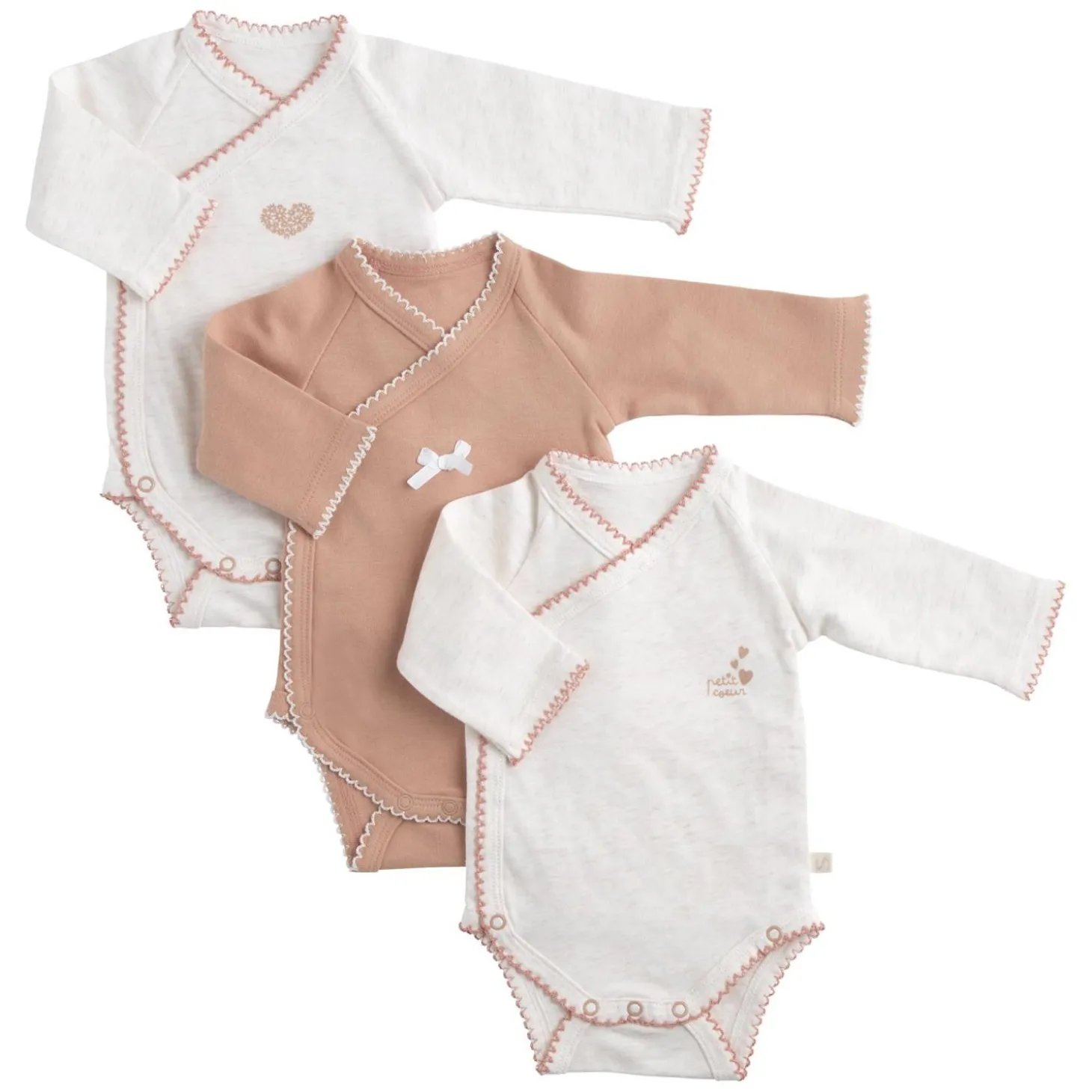 Sauthon Lot de 3 Bodies Petit Coeur Beige Chiné/Rose Poudré