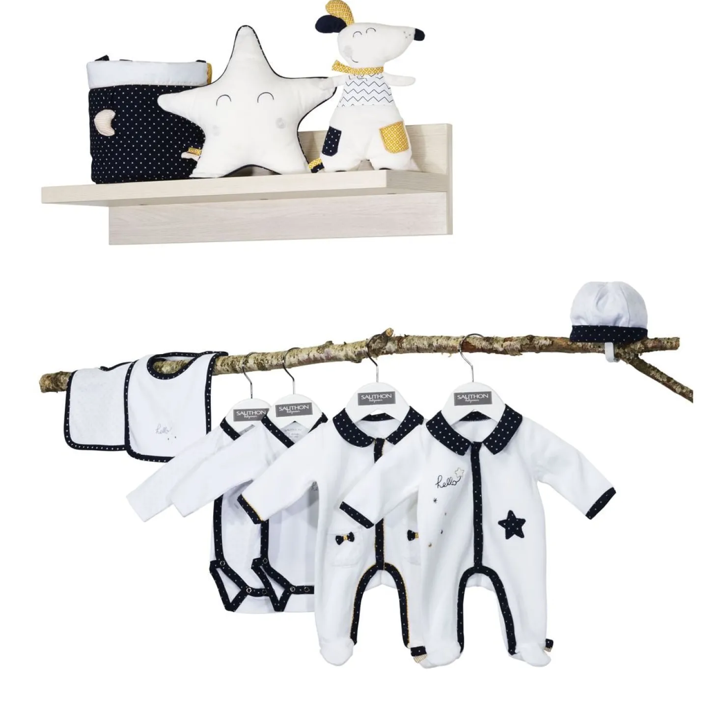 Sauthon Lot de 2 bodies Pluche et Pompon Blanc Bleu Marine Naissance