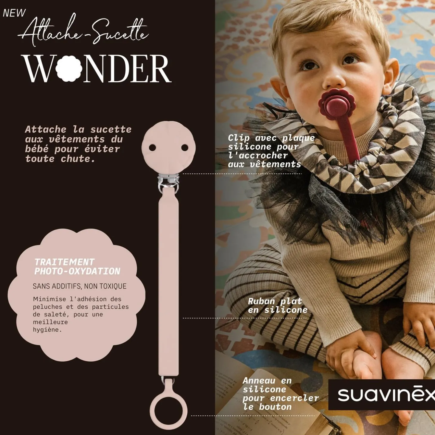 Suavinex Attache sucette silicone Wonder Pale Mauve