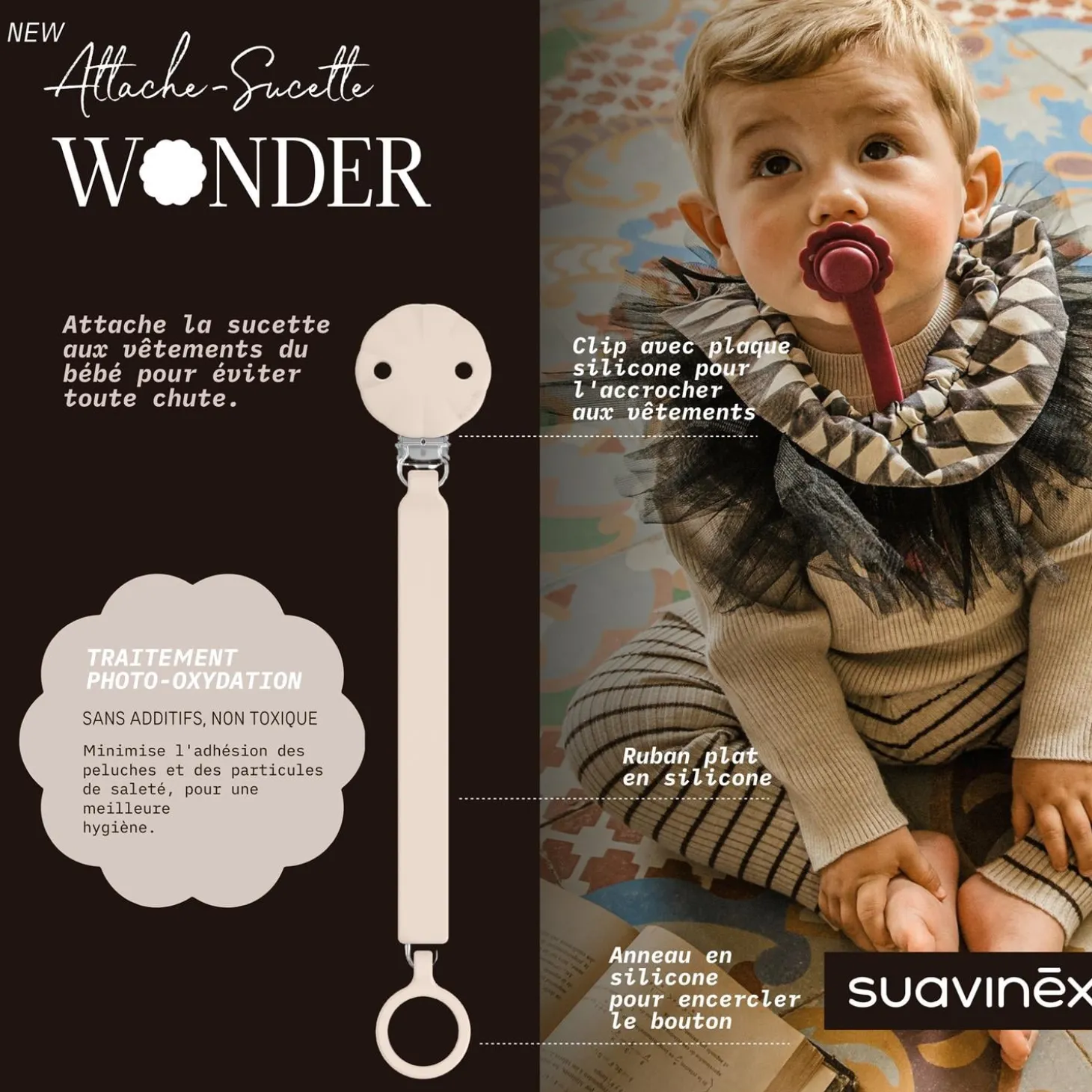 Suavinex Attache sucette silicone Wonder Mauve Chalk