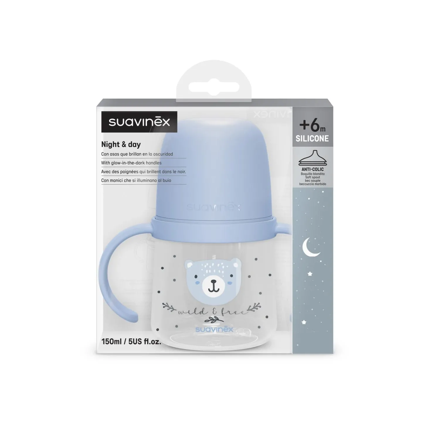 Suavinex Biberon à Anses Wild&Free Night & Day Bleu 150 ml