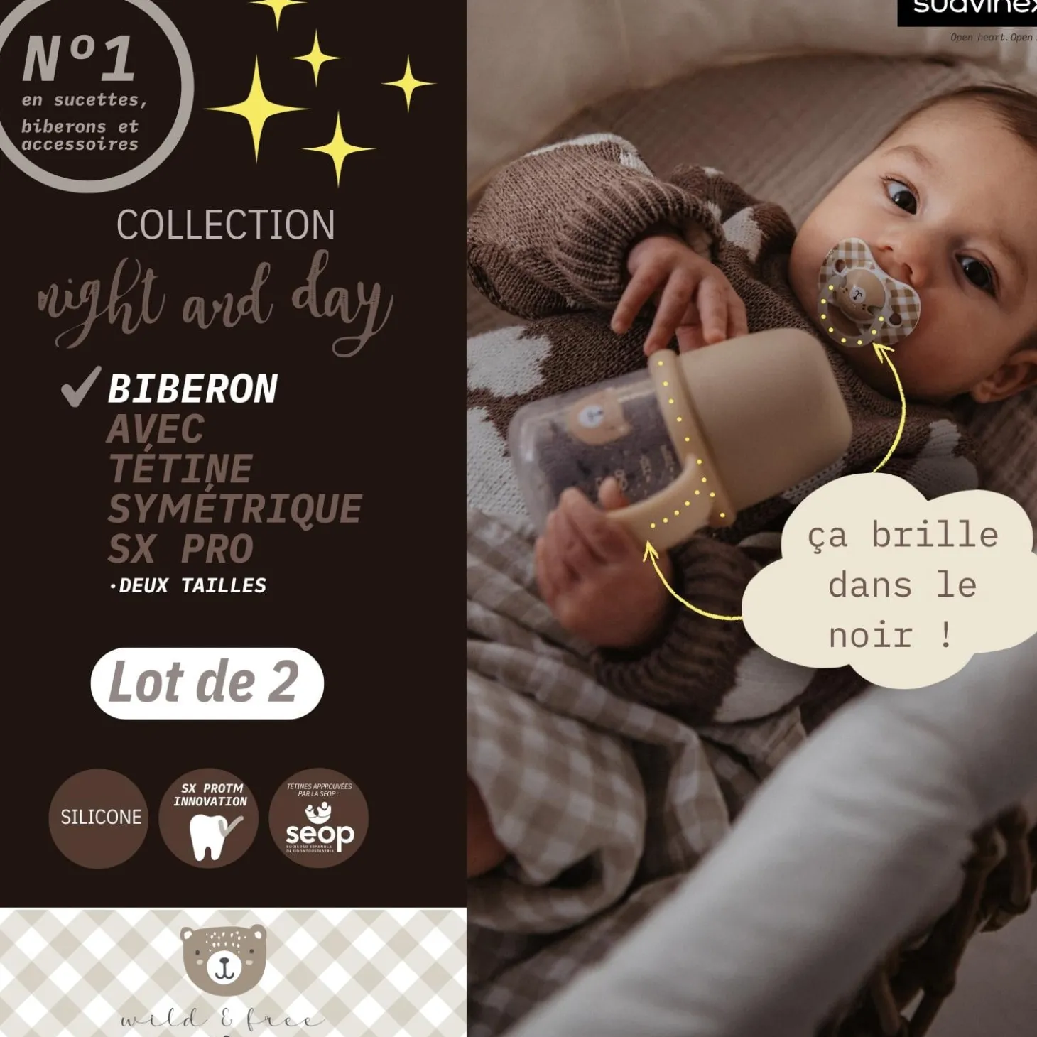 Suavinex Biberon à Anses Wild&Free Night & Day Marron