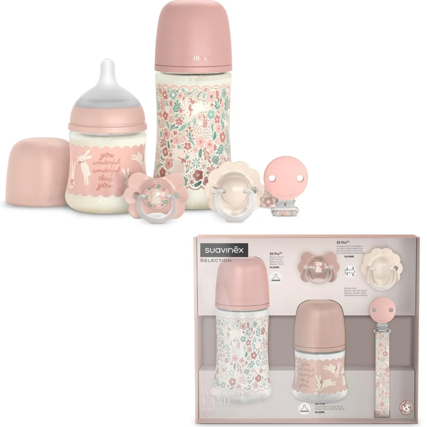 Suavinex Coffret biberon Welcome Baby Set Wonderland Rose