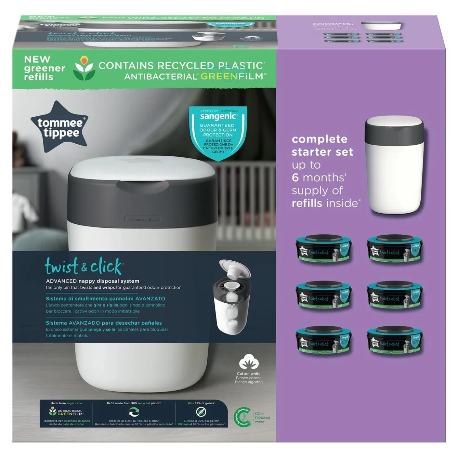 Tommee Tippee Starter Pack Twist & Click (Bac + 6 Recharges) Blanc
