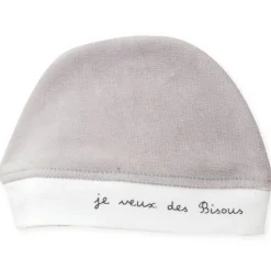 Trois Kilos Sept                    Bonnet Naissance velours Je veux des bisous    Gris