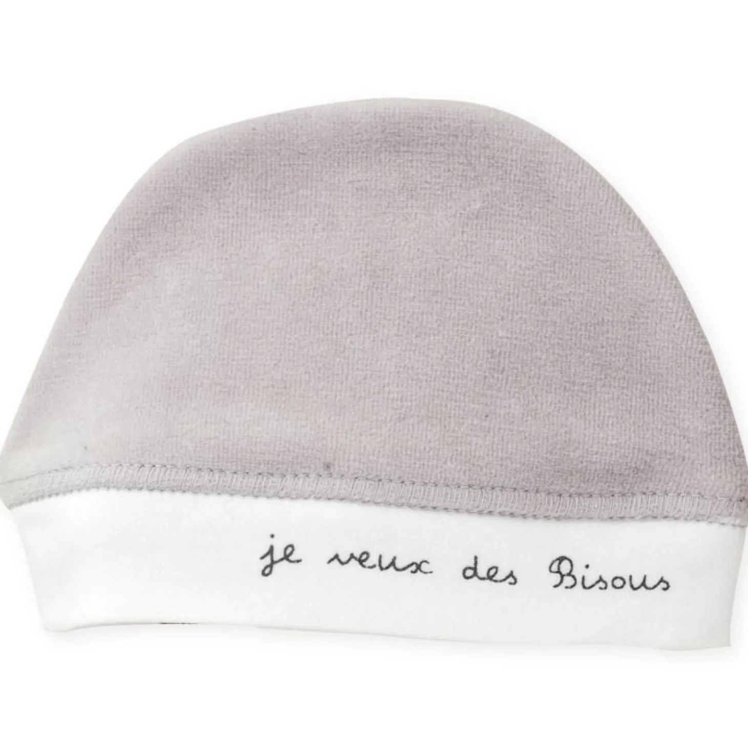 Trois Kilos Sept Bonnet Naissance velours Je veux des bisous Gris