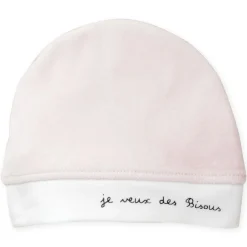 Trois Kilos Sept                    Bonnet Naissance velours Je veux des bisous    Rose