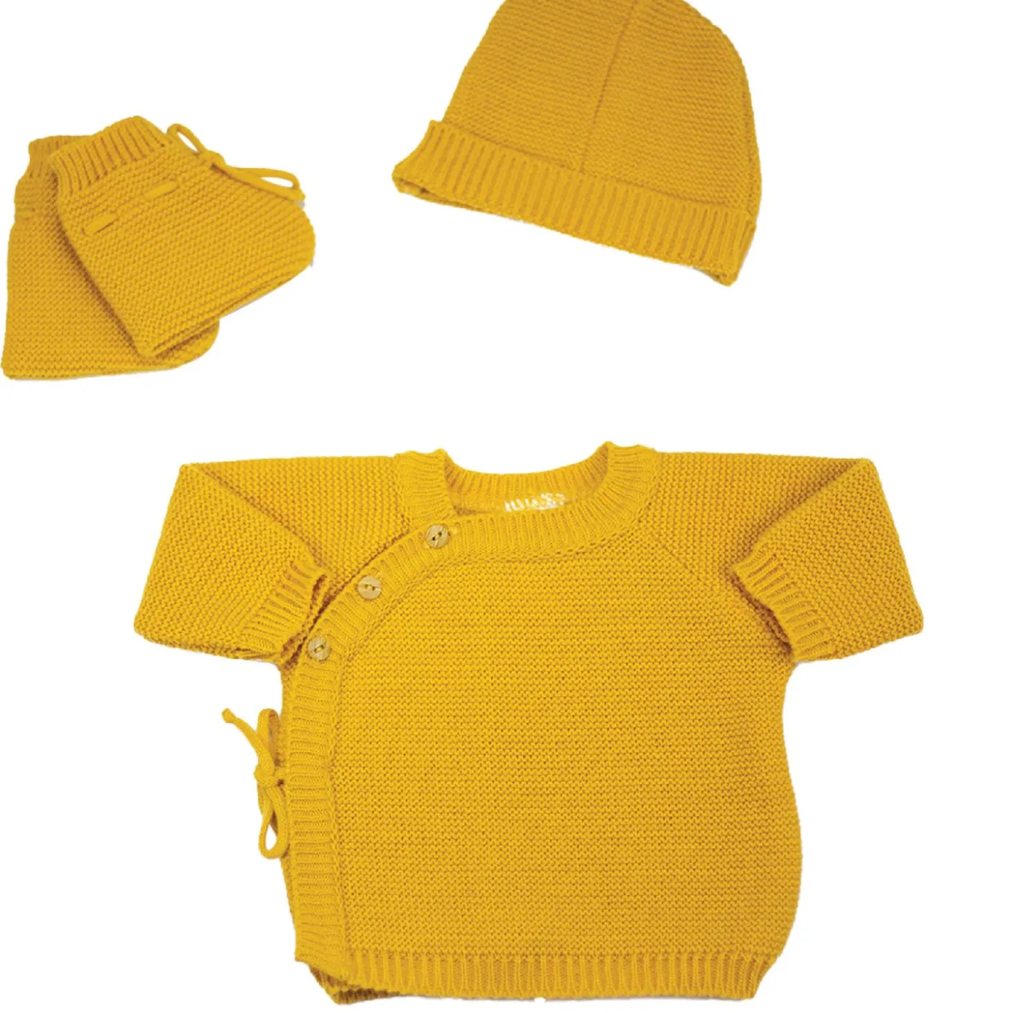 Trois Kilos Sept Ensemble brassière, chausson et bonnet Maille Moutarde 0-1 mois