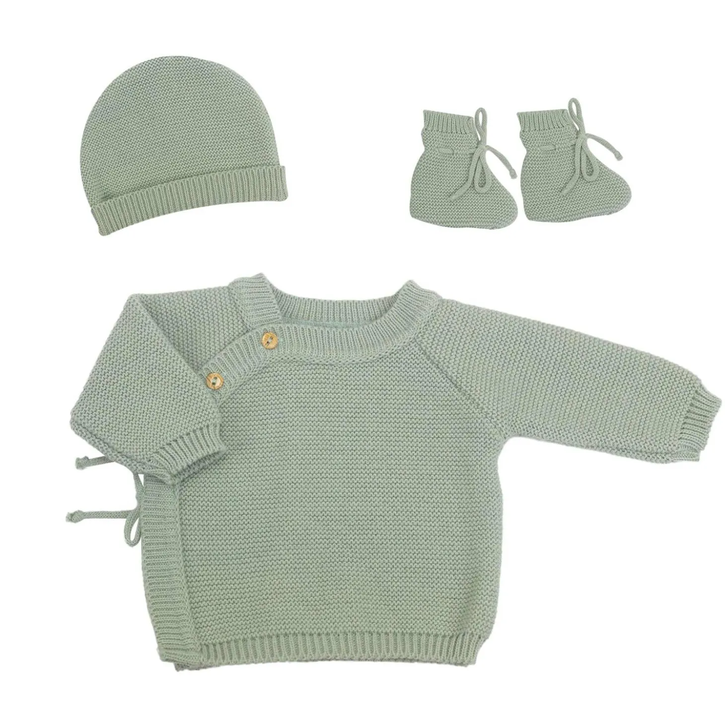 Trois Kilos Sept Lot Brassière Bonnet Chausson Maille Vert Olive 0-1 mois