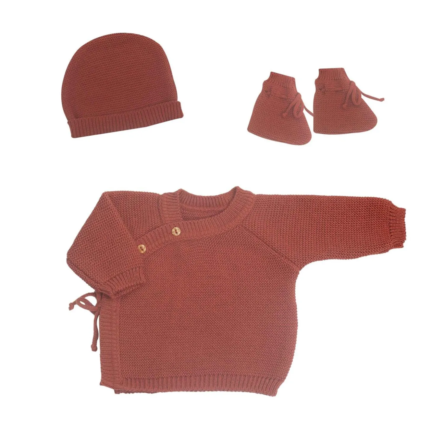 Trois Kilos Sept Lot Brassière Bonnet Chausson Maille Terracotta 0-1 mois