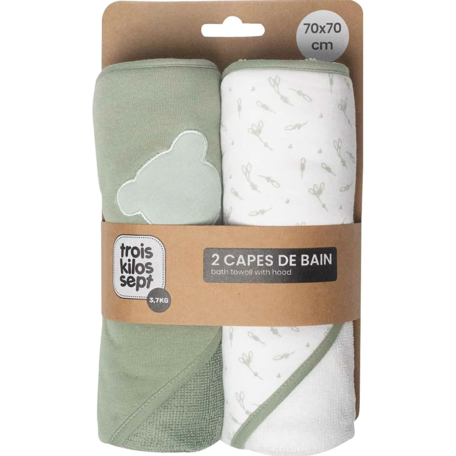 Trois Kilos Sept Lot 2 Capes de Bain Ours + Aop Vert Olive 70x70 cm