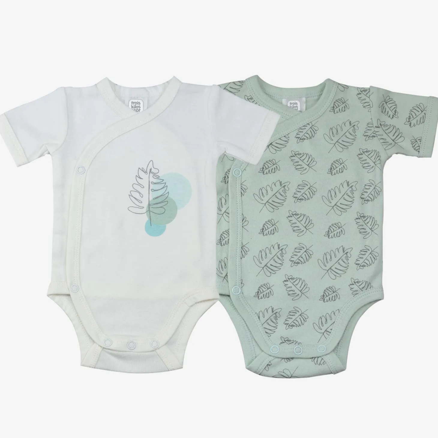 Trois Kilos Sept Lot de 2 bodys manches courtes Feuilles Vert Sauge