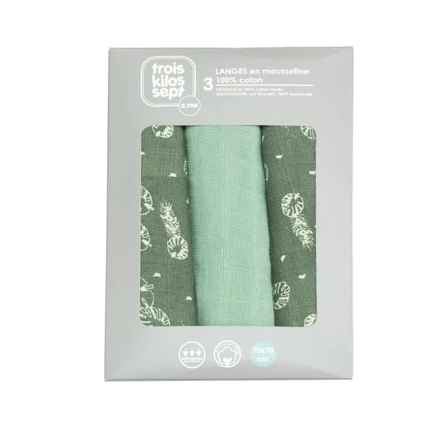 Trois Kilos Sept Lot de 3 langes Feuille Vert 70X70 cm