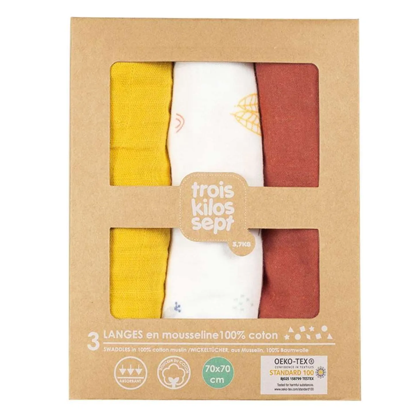 Trois Kilos Sept Lot de 3 langes Oeko Tex Cache cache en fôret 70x70 cm