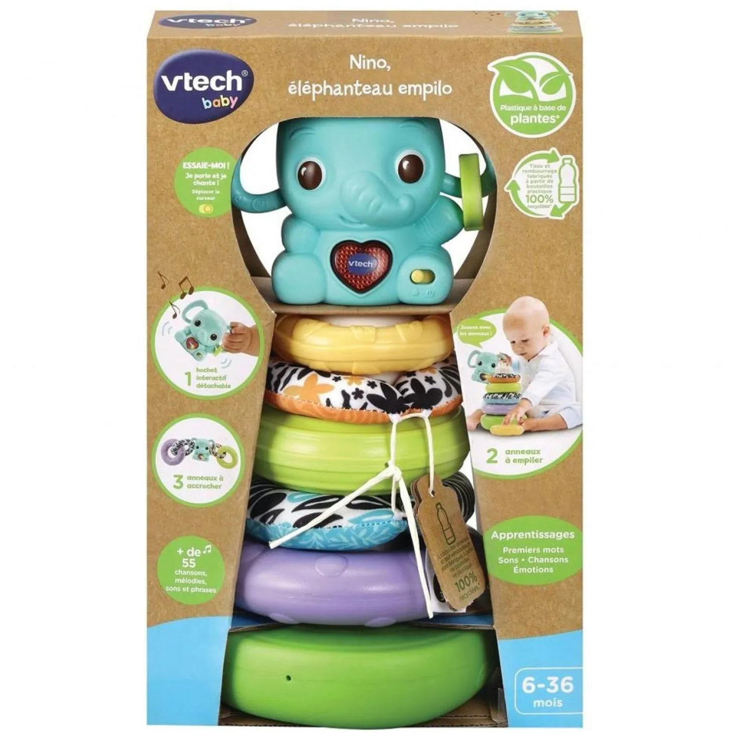 VTech Baby Eléphanteau empilo 3 en 1 Nino en plastique bio sourcé