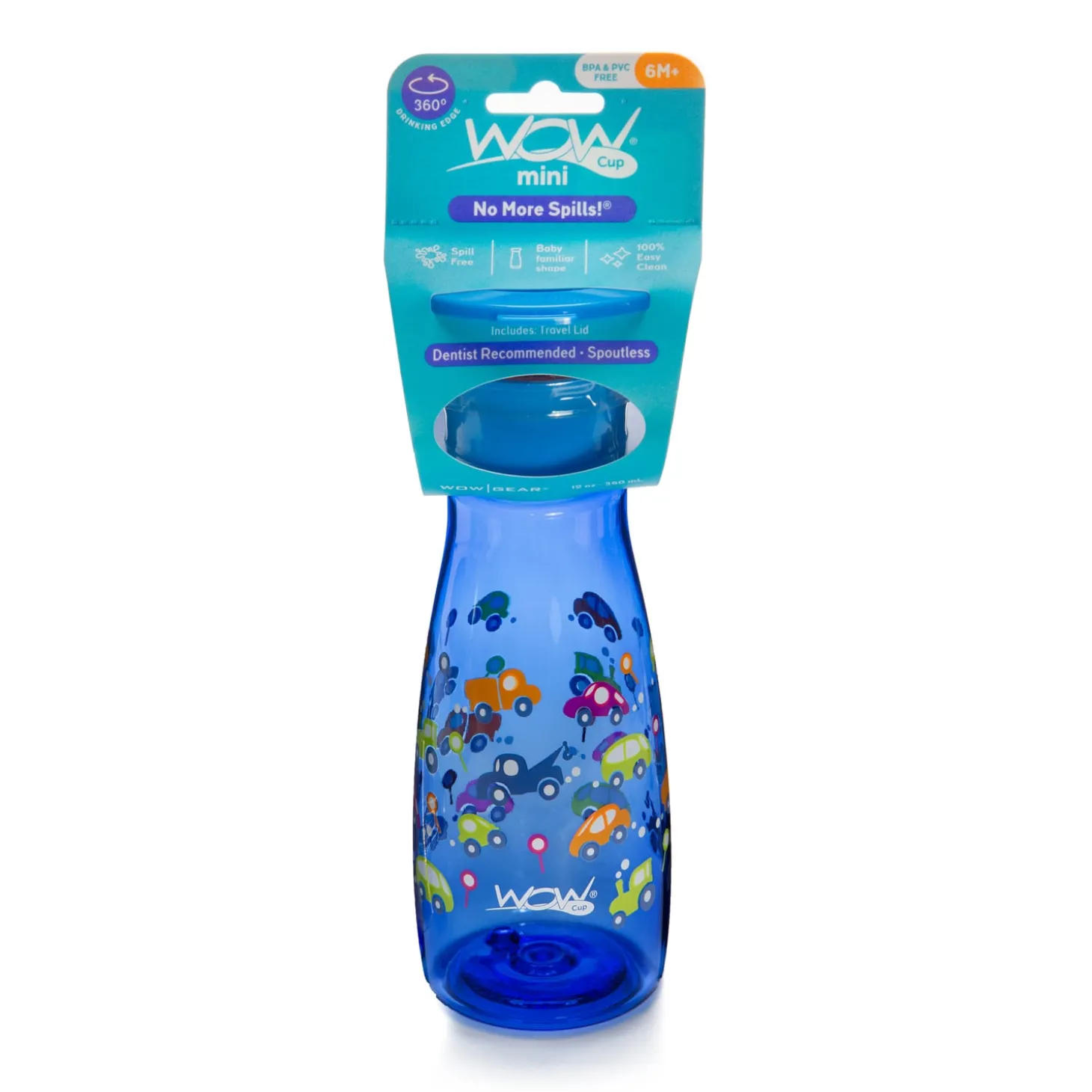 Wowcup Gourde 360 ° enfant avec couvercle Voiture Bleu 350 ml